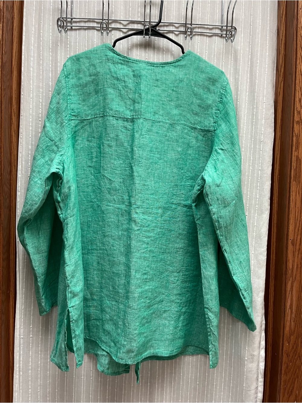 🔆Tahari 100% Linen Collarless Tunic Top Kelly Green Roll Tab Sleeve Sz 2X - Picture 2 of 7